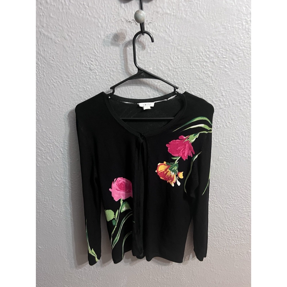 Woman's Vintage Cache Black With Flowers Cardigan Sweater Size See Desc